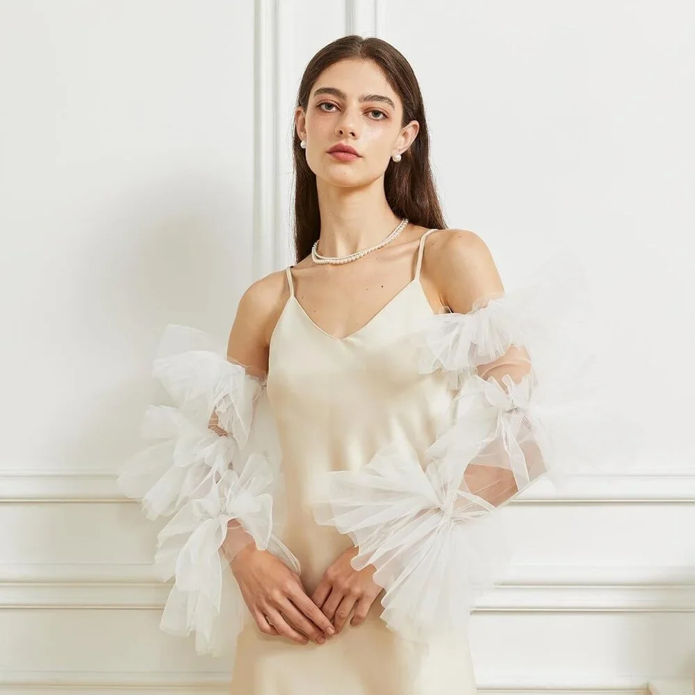 Women's White Satin Tulle  Ruffled Puff Long Gloves Banquet Wedding Party